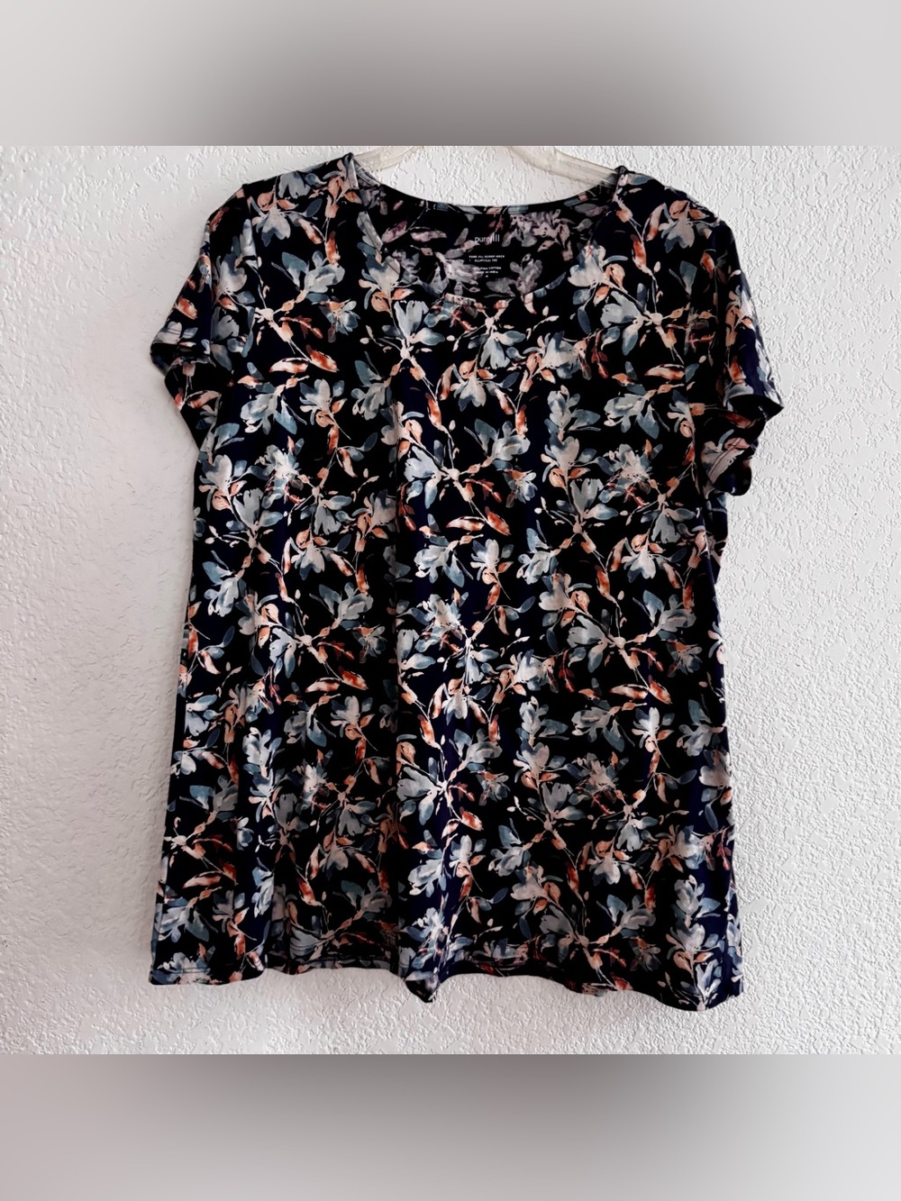 Pure Jill Navy Floral Botanical Scoop Neck Elliptical Tee Top Pima Cotton M